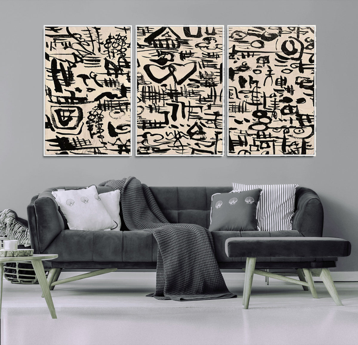 Abstract Love and Chaos Canvas Print, Black Symbols on Beige