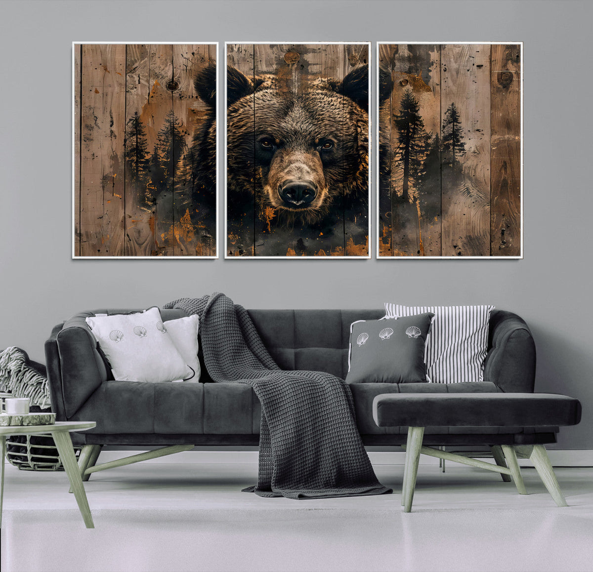 Rustic Grizzly 399 Wall Art | Triptych Canvas Print | Rustic