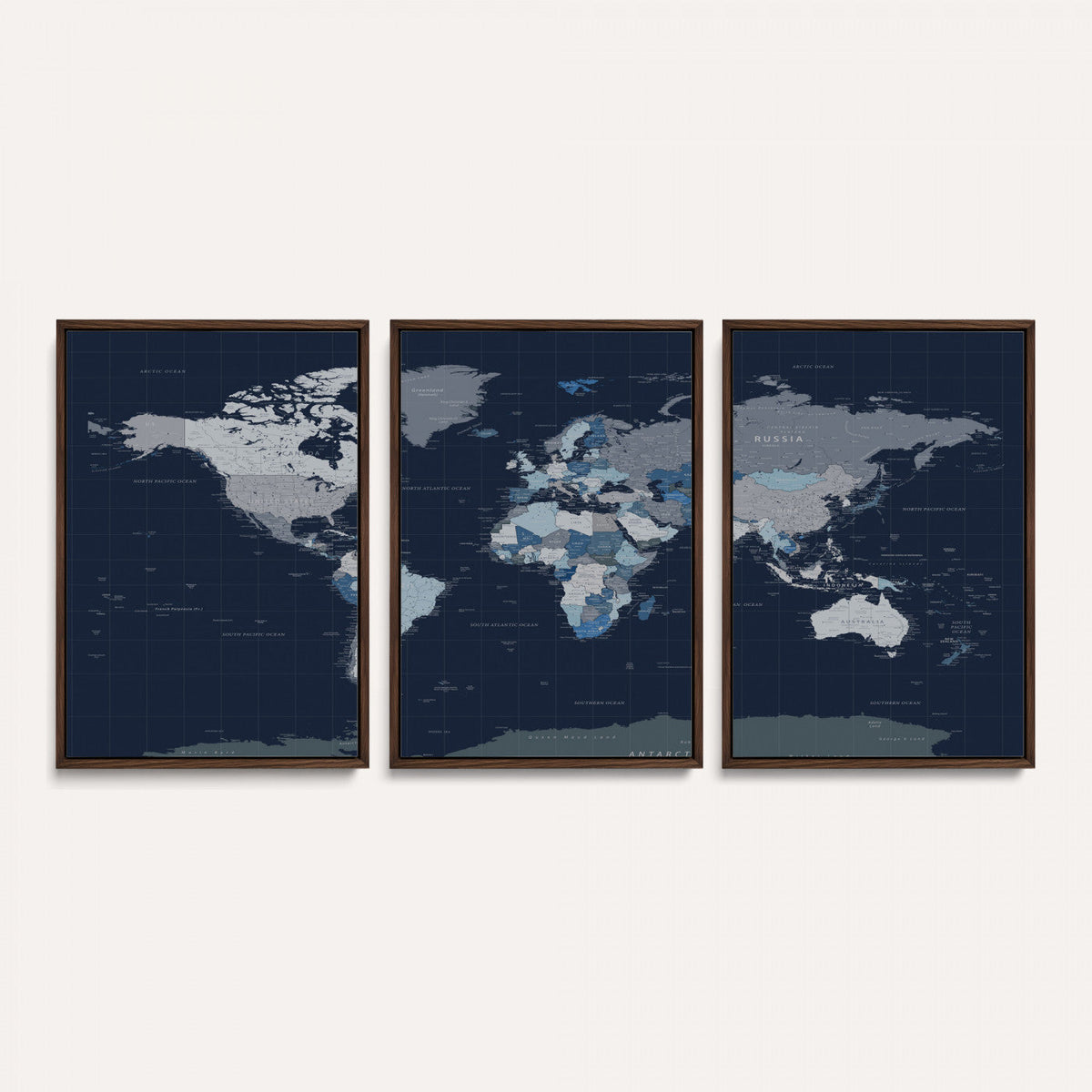 Blue Detailed World Map Wall Art Canvas Print, Modern Framed