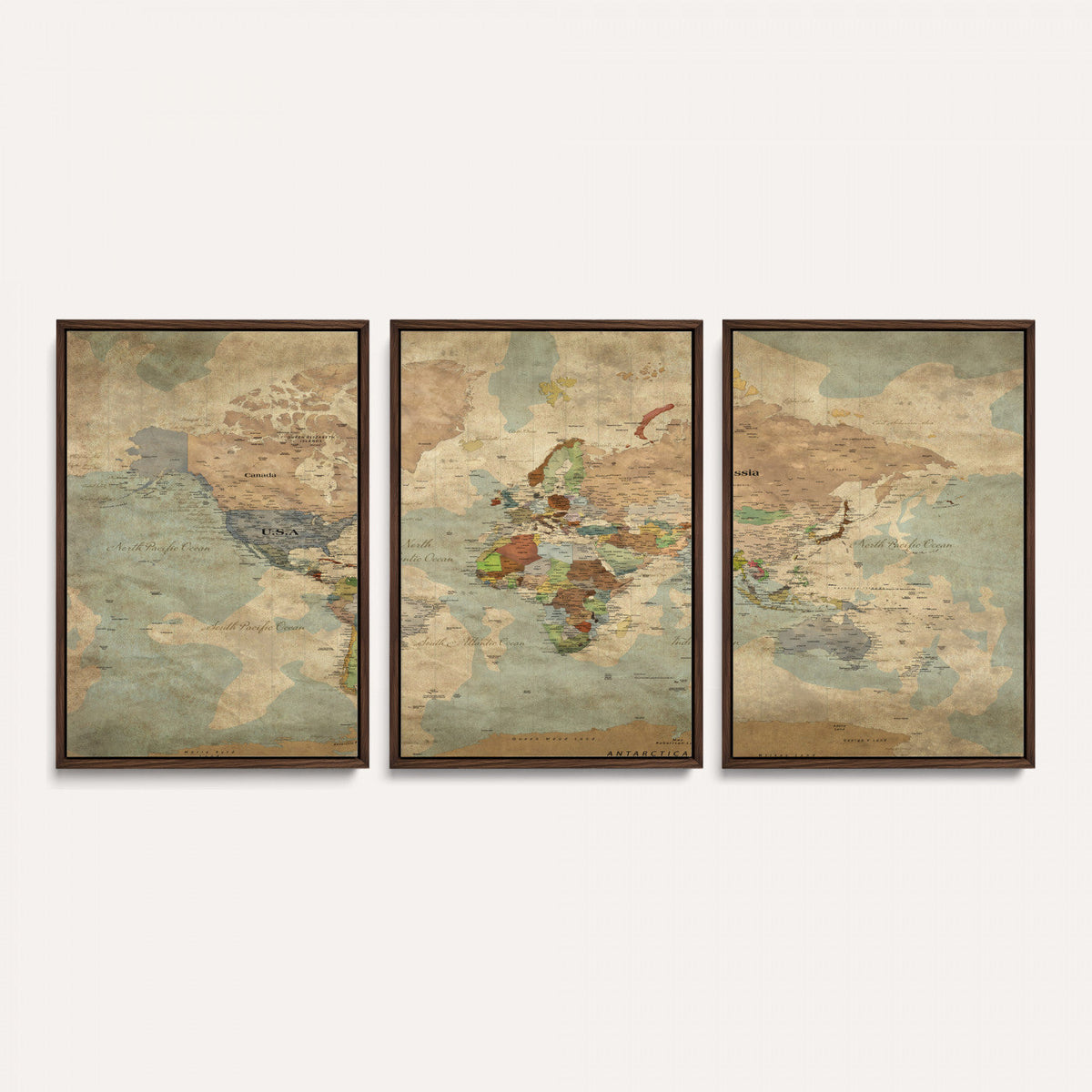 World Map Wall Art Canvas Print, Rustic Map Print, Framed