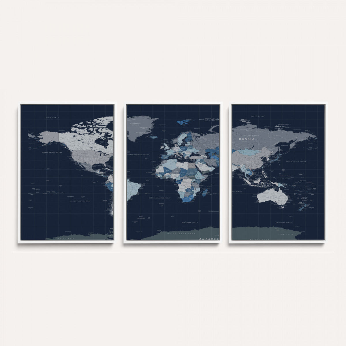 Blue Detailed World Map Wall Art Canvas Print, Modern Framed