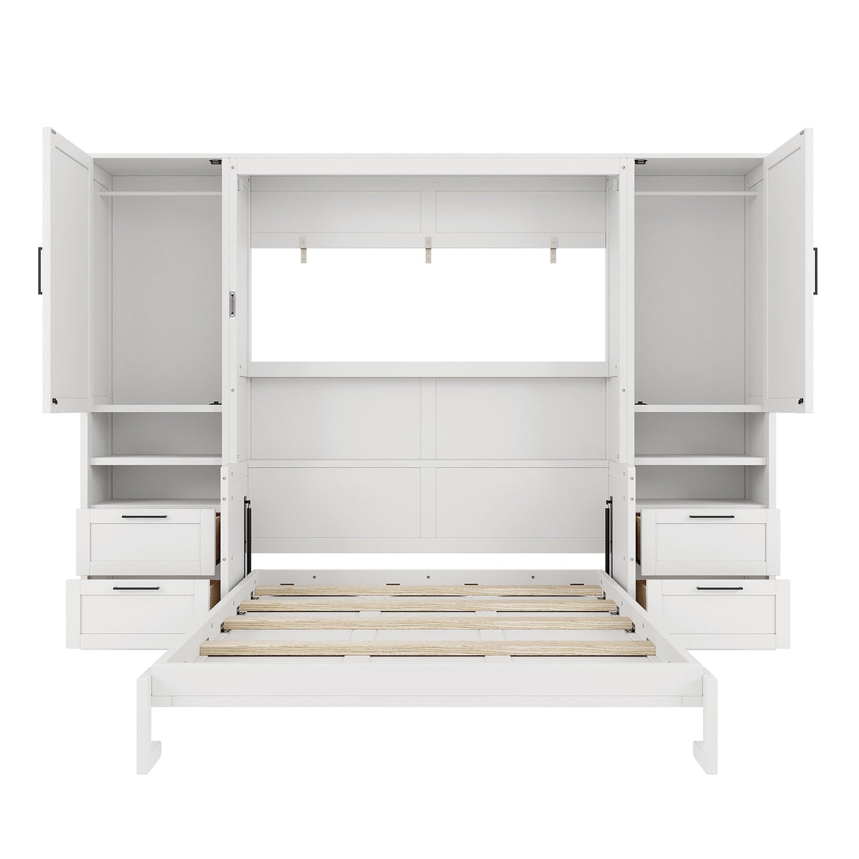 Queen Size Murphy Bed Wall Bed with Closet, Drawers and Shelves, White