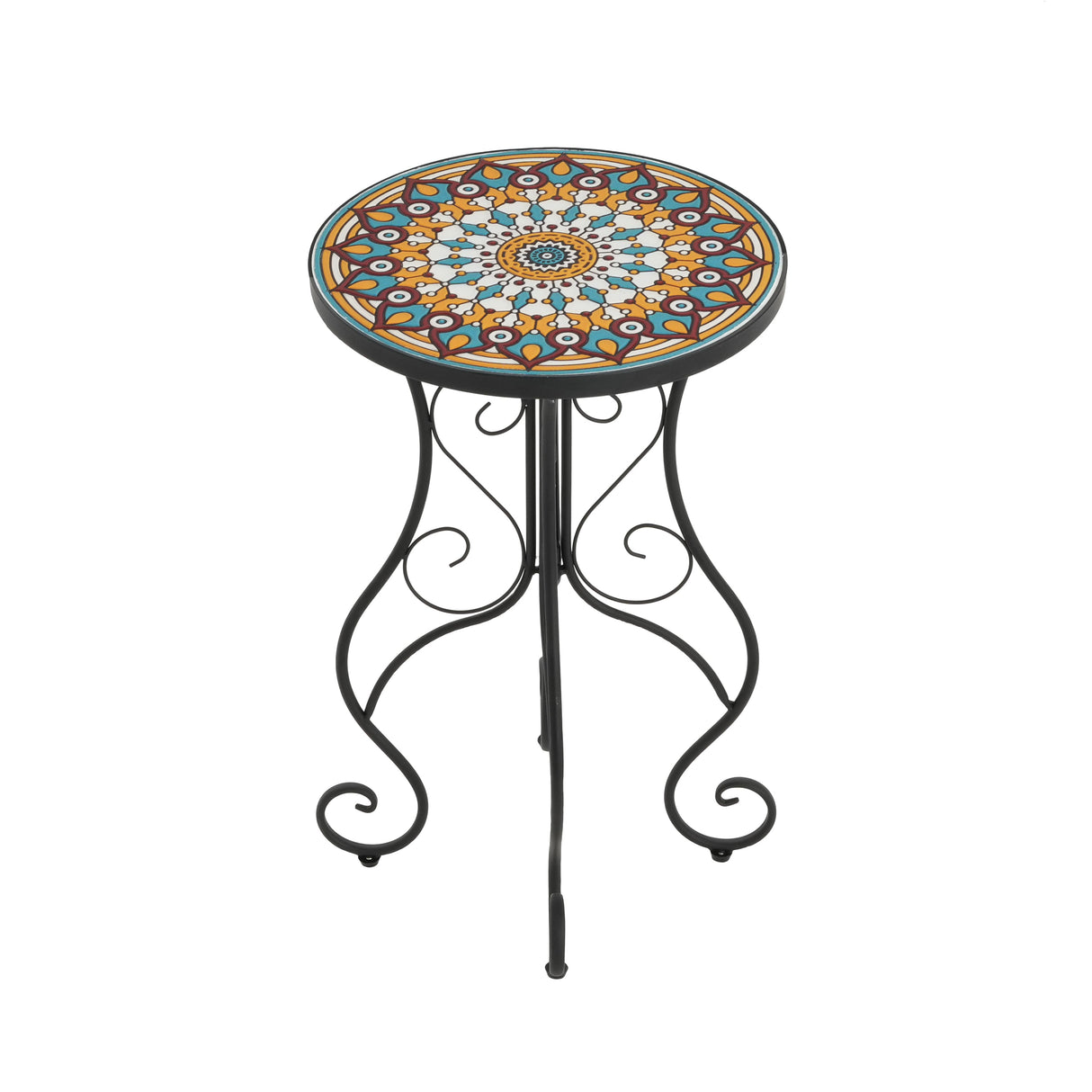 Round Ceramic Outdoor Side Table, Colorful + Black