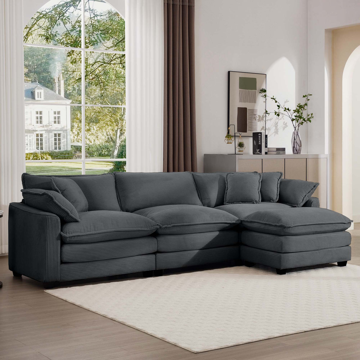 Modern Modular Cushion Sofa Set with Ottoman - Fabric, Multiple Colors