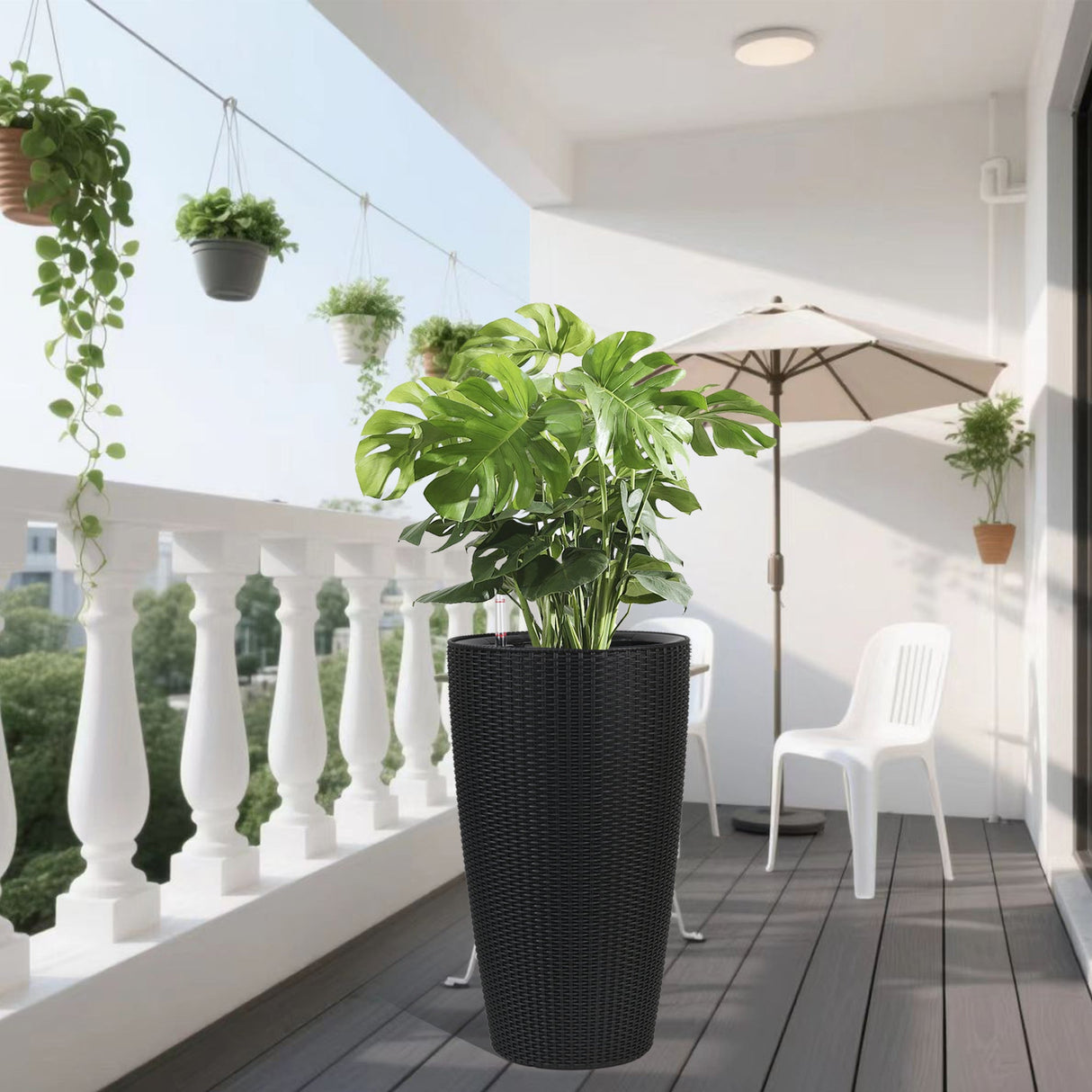 Set of 2 Faux Rattan Tall Planters with Automatic Watering System