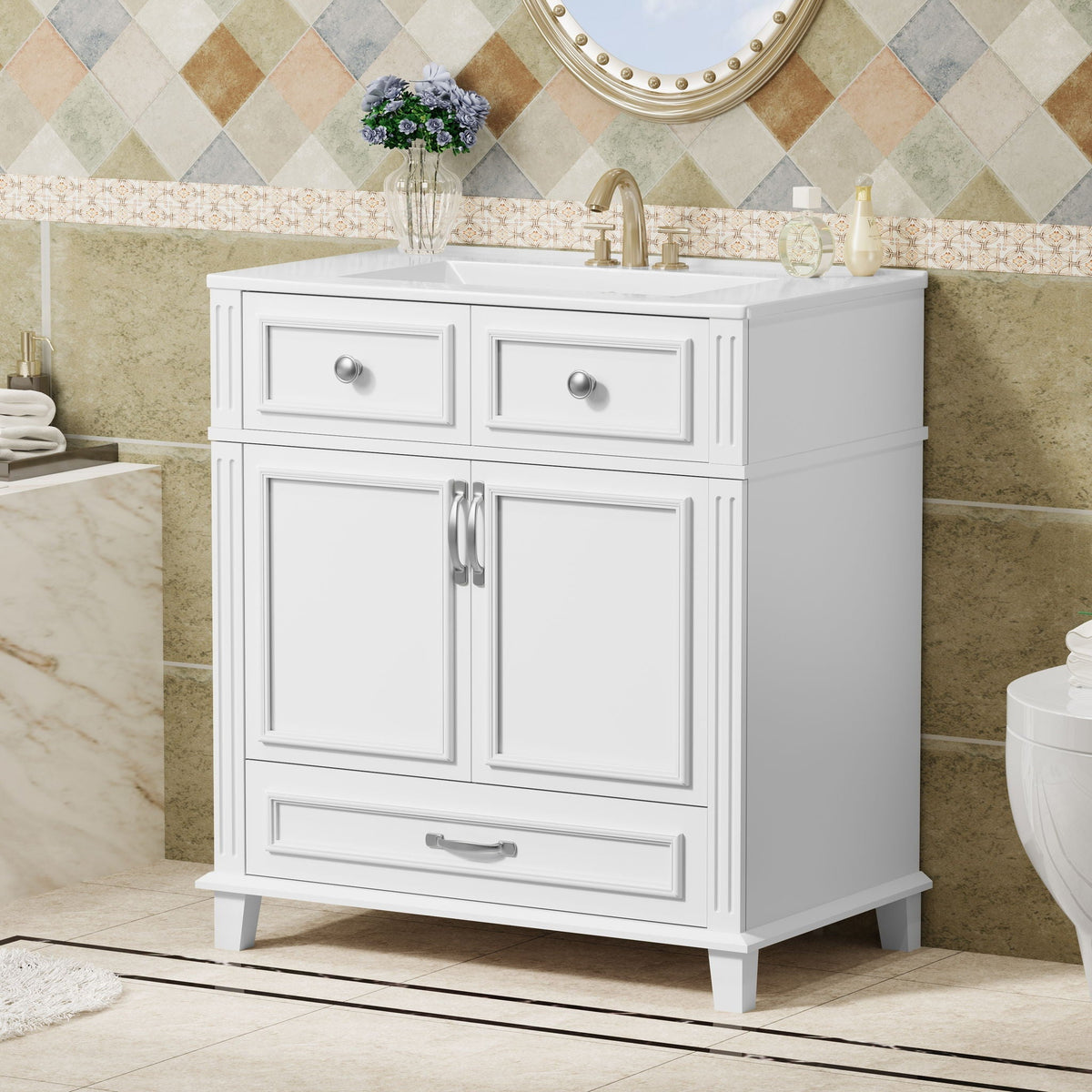 Bathroom Vanity with Sink and Storage Cabinet - White, Blue, or Dark Green