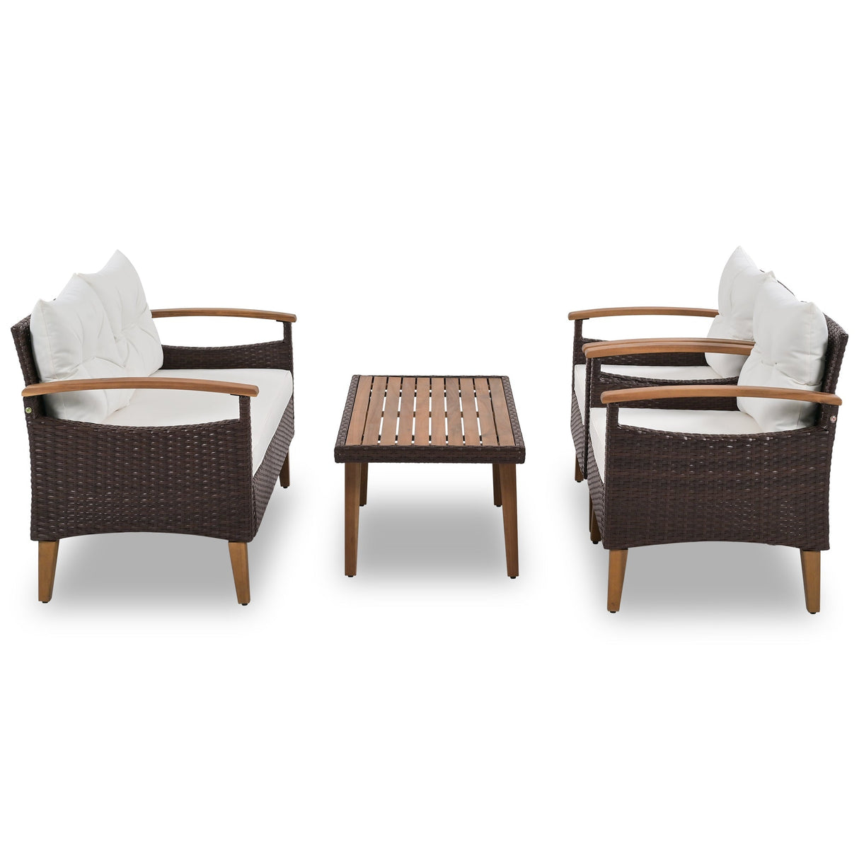 4 Piece PE Rattan Outdoor Sofa Set with Wood Table and Legs