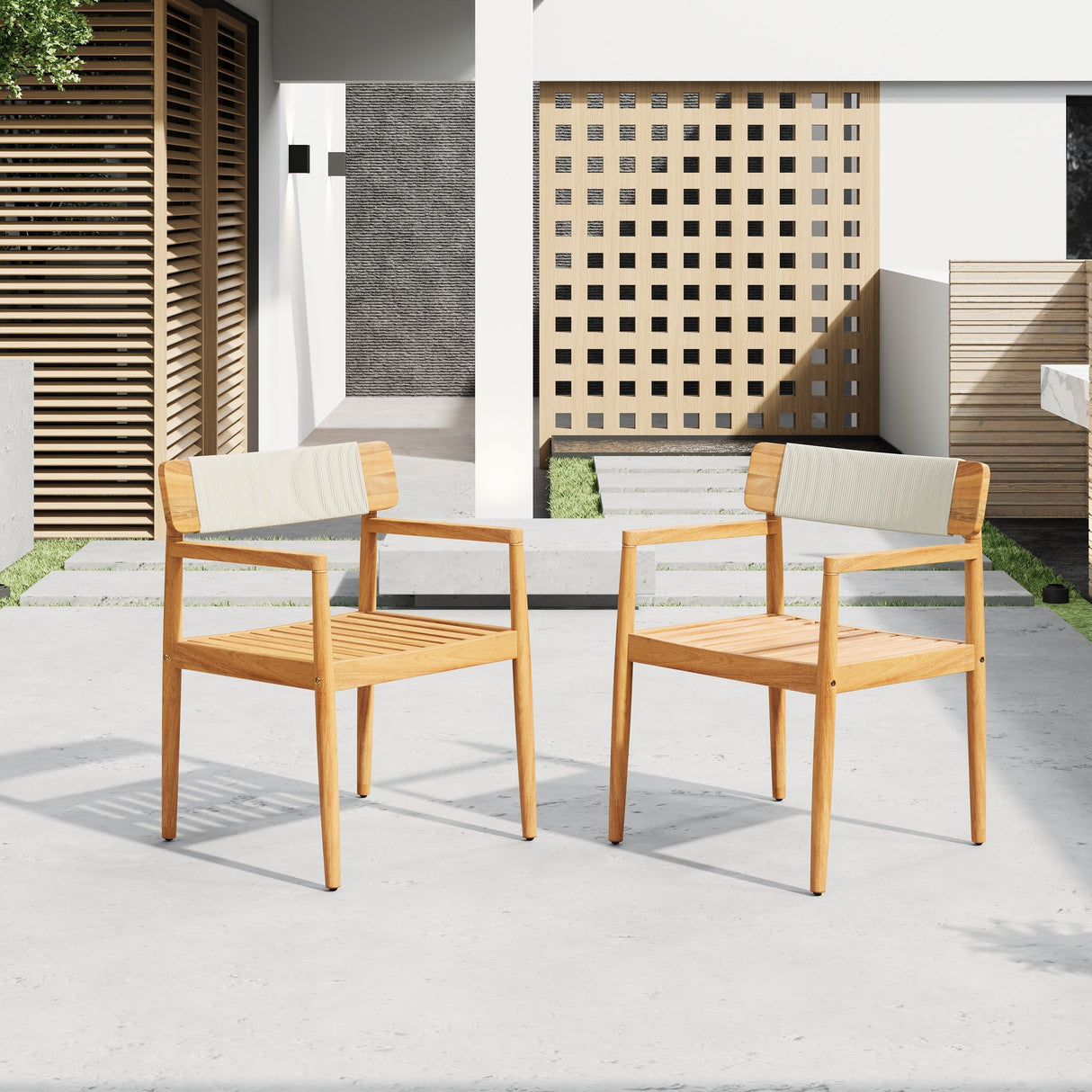 Creative Braided Acacia Wood Outdoor Dining Chairs with Armrests – Set of 2