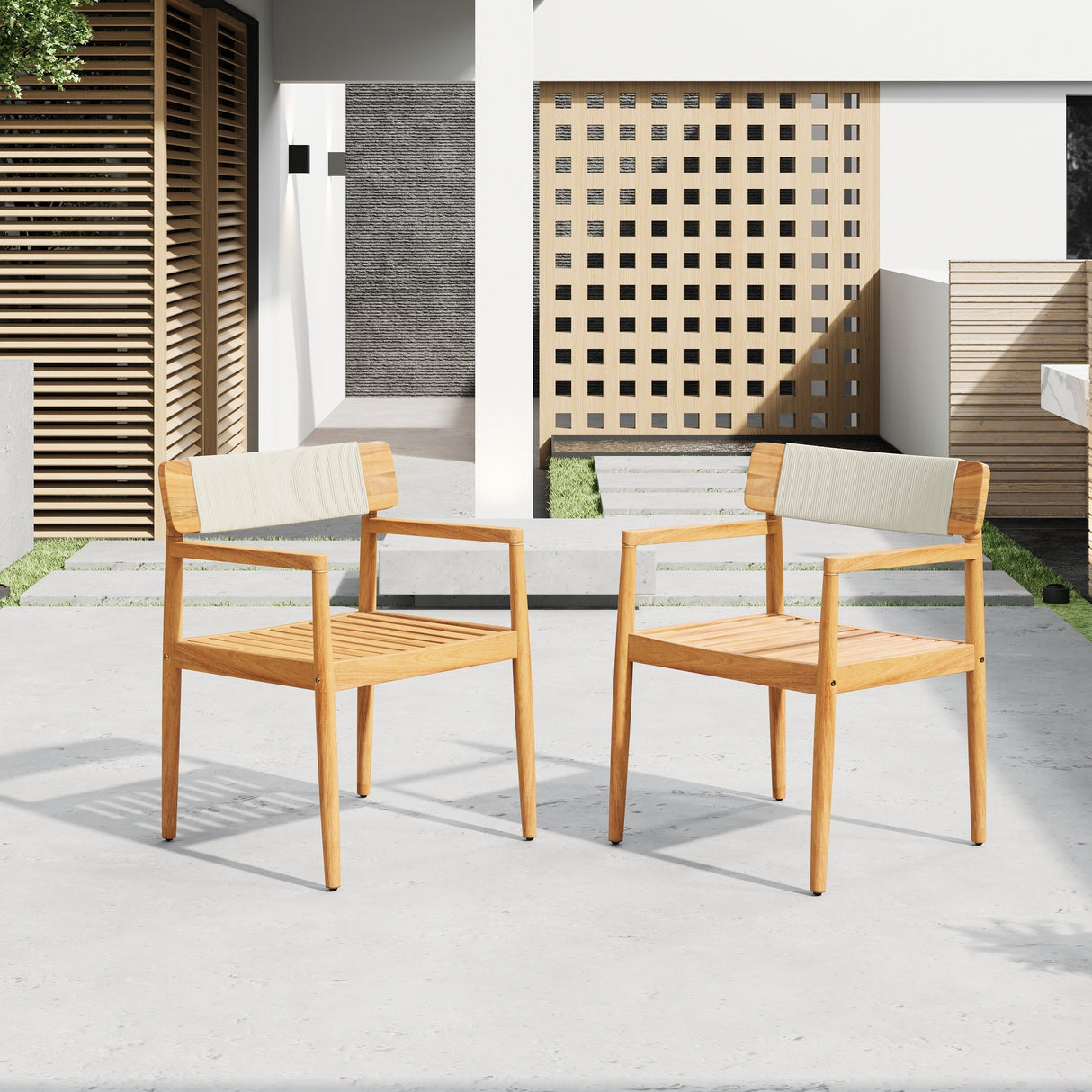 Creative Braided Acacia Wood Outdoor Dining Chairs with Armrests – Set of 2