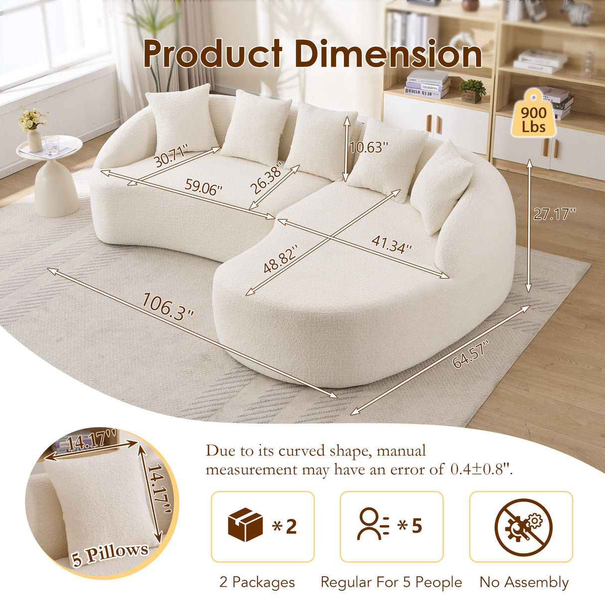 New Boneless L-Shape Sectional Sofa with Curved Chaise