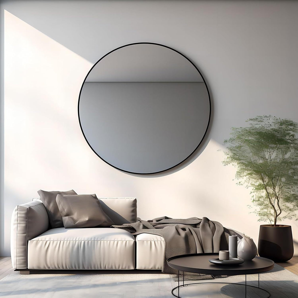 42 Inch Black Metal Framed Round Bathroom Mirror