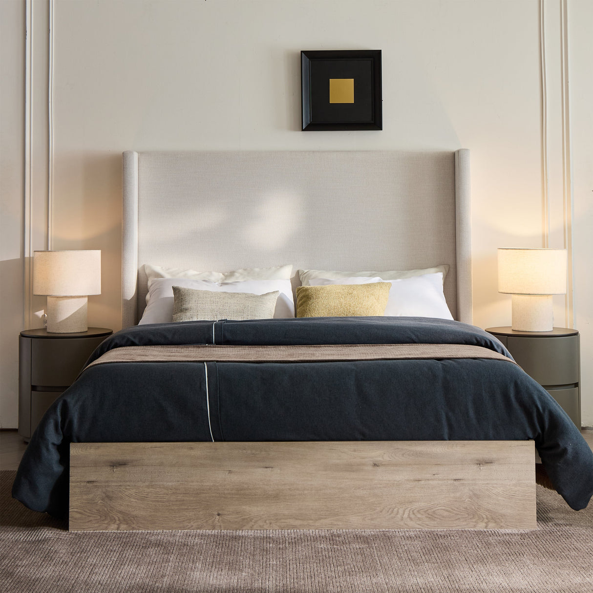 Shelton Upholstered Wingback Bed with 54-inch High Headboard in Textured Ivory Canvas Chenille