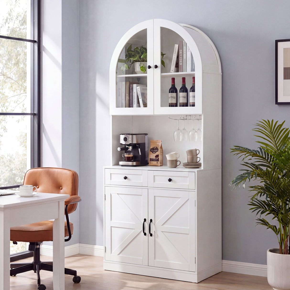 75" Farmhouse Tall Arched Pantry Cabinet with Charging Station