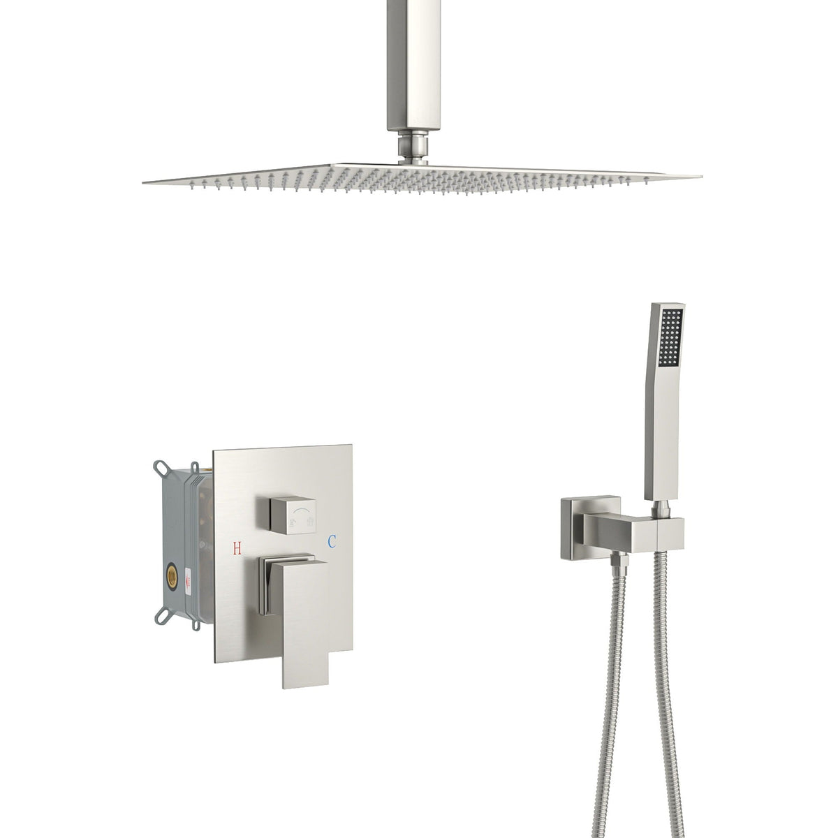 Dual Shower Head System with 12" Square Rain Shower and Valve - Black, Gray, Pearl Silver, Gold