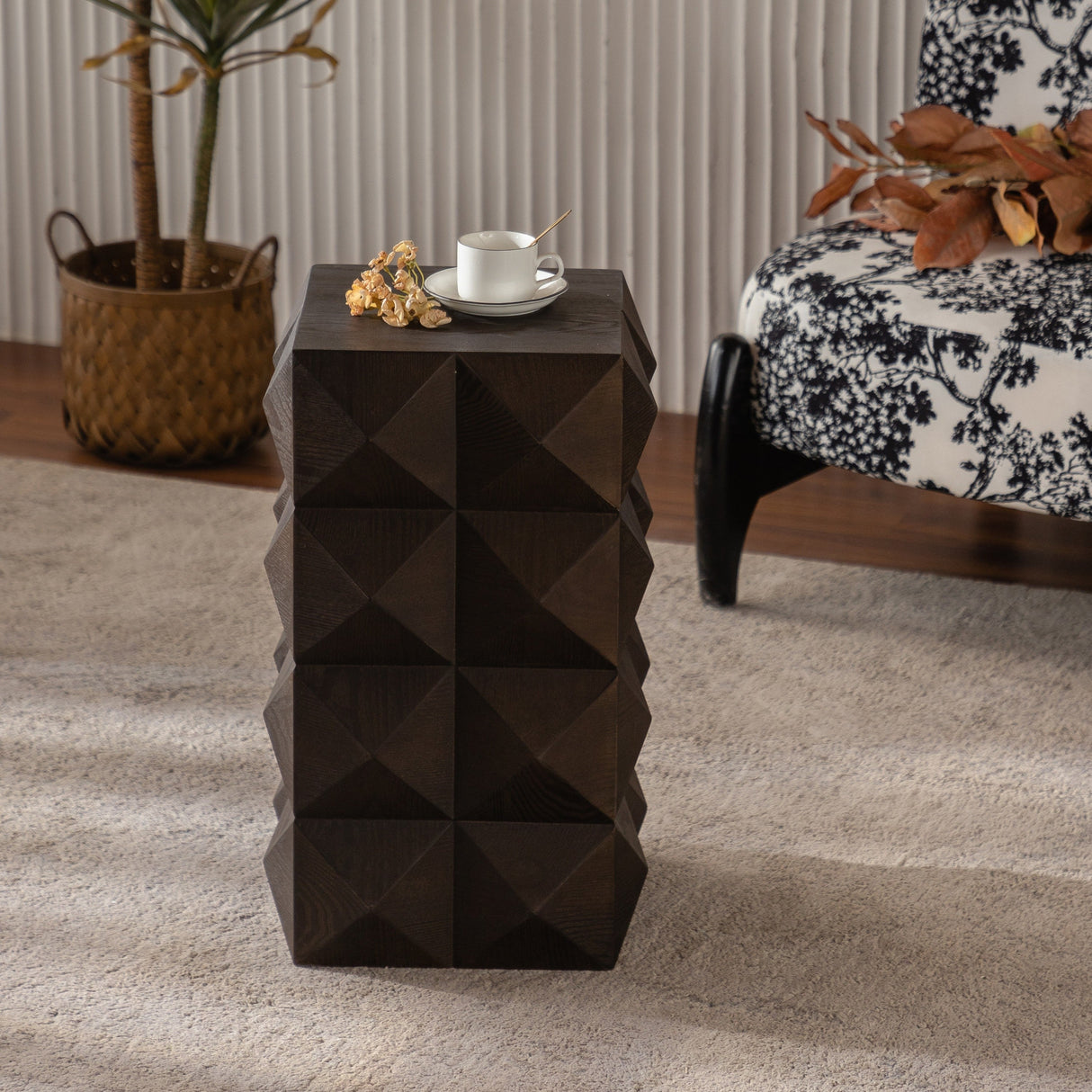 Retro Wooden Side Table with 3D Embossed Design