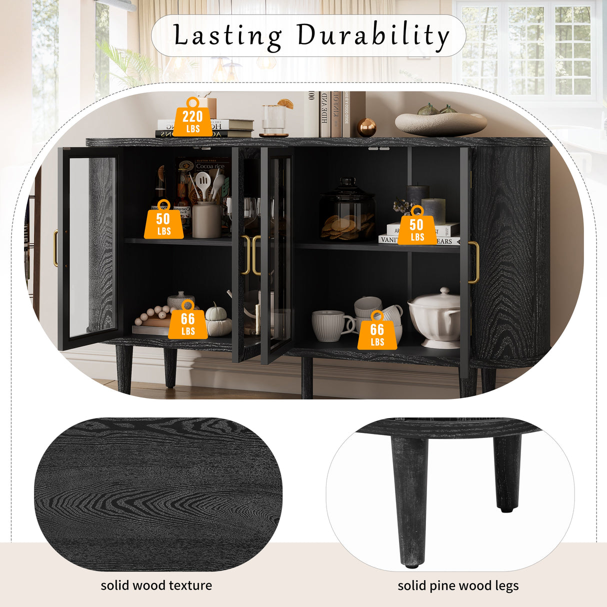 Wood Buffet Cabinet with Glass Doors and Adjustable Shelves