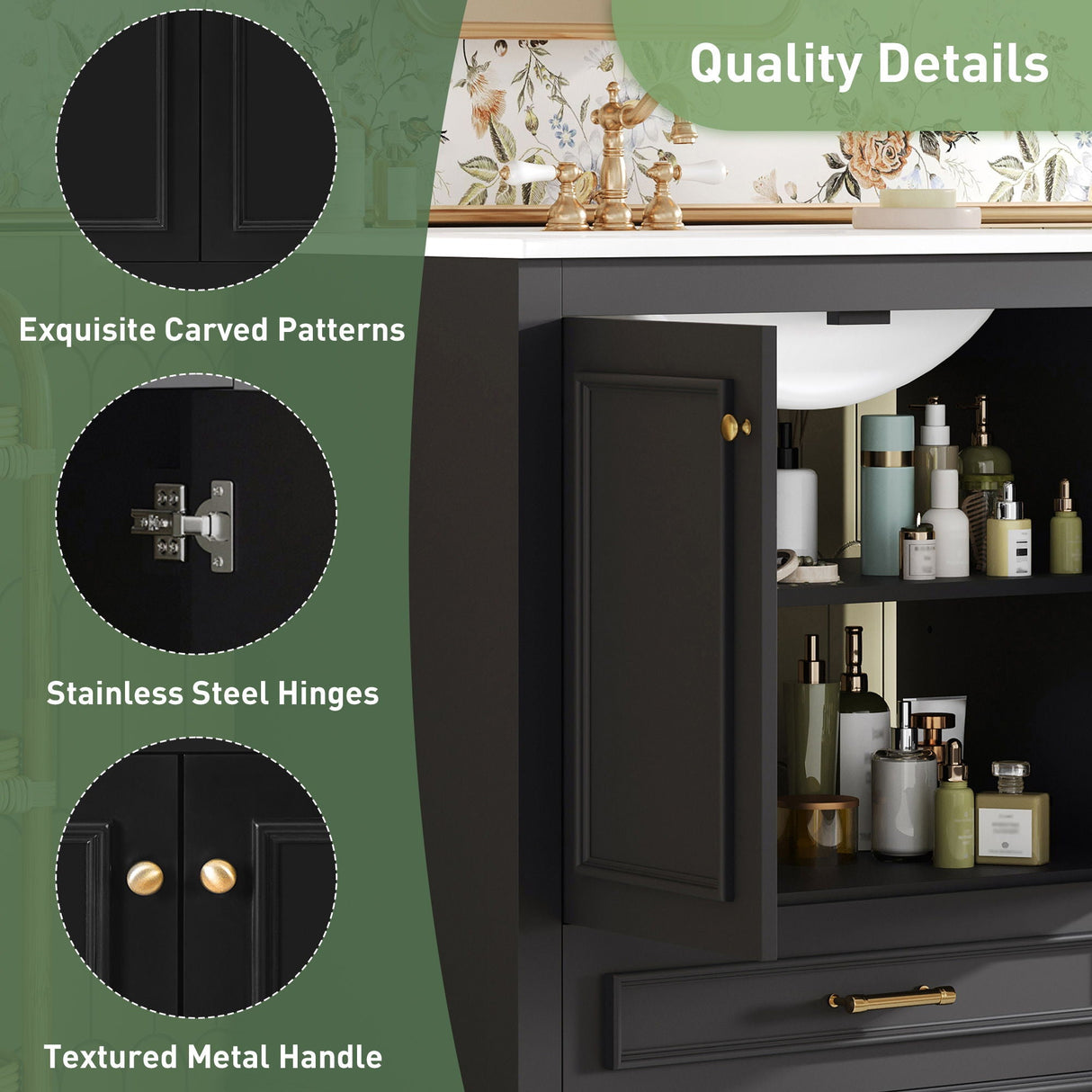 Bathroom Vanity With Sink, Cabinet & 2 Soft Closing Doors & Adjustable Shelf