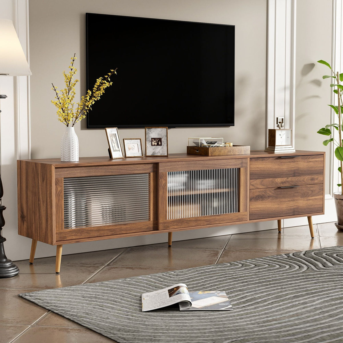 TV Stand, Media Console With 2 Doors, 2 Drawers & Storage Cabinet - Walnut