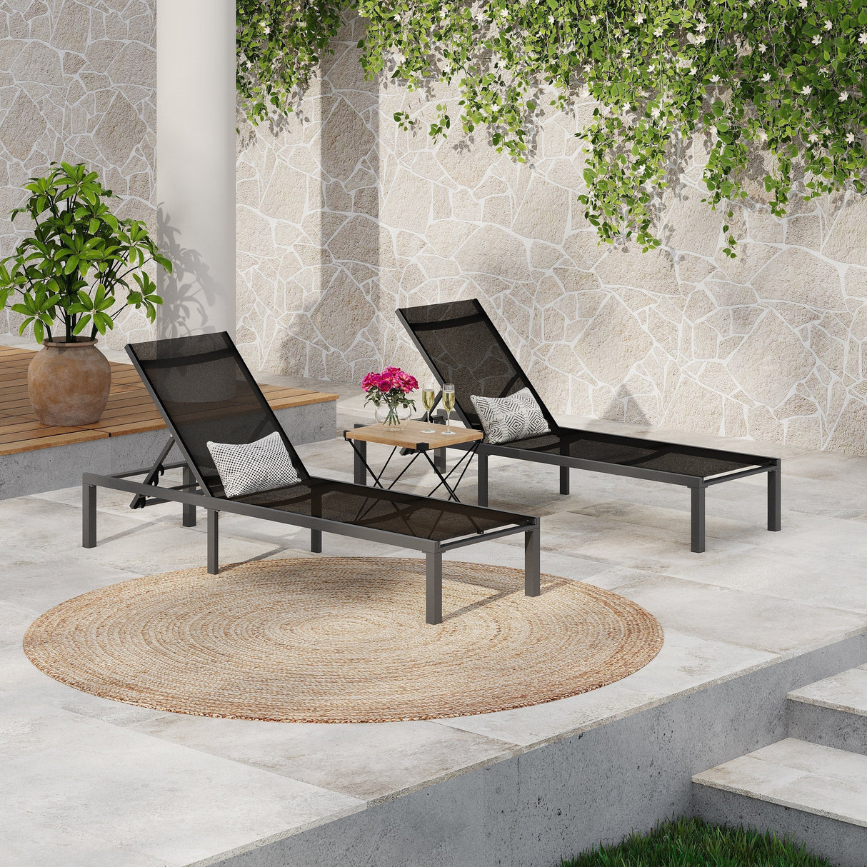 Westport Adjustable Outdoor Chaise Lounge Set of 2 Black Aluminum Frame