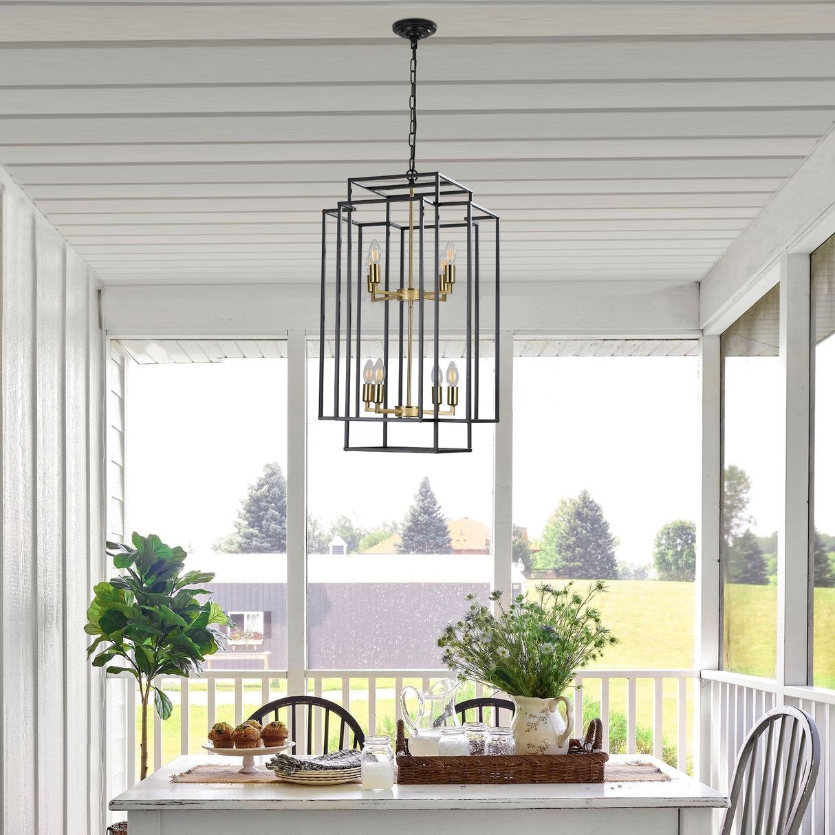 18' Modern 8-Light Black Gold Geometric Pendant Chandelier