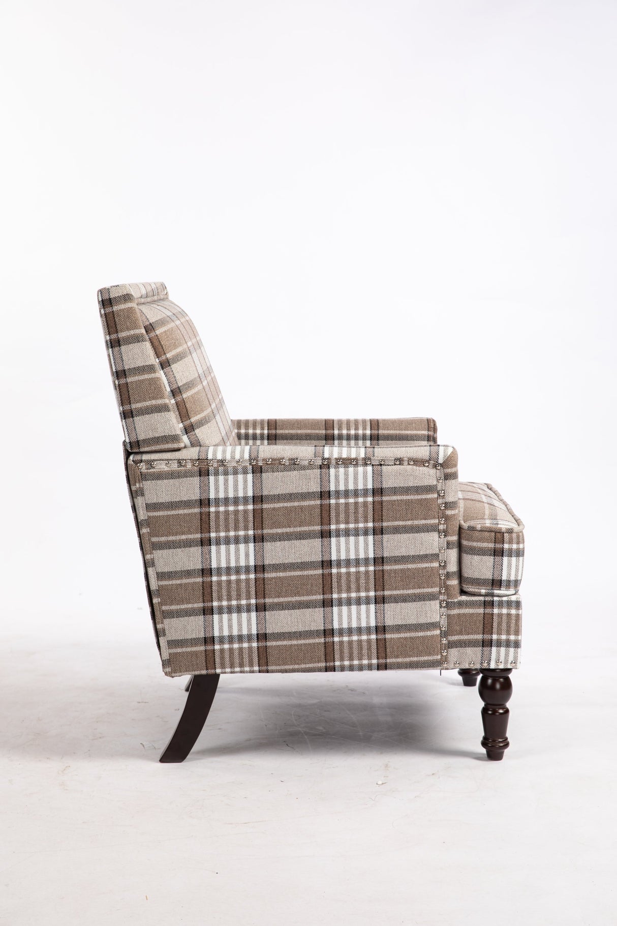 Upholstered Accent Chair with Brown Linen Fabric and Nailhead Trim