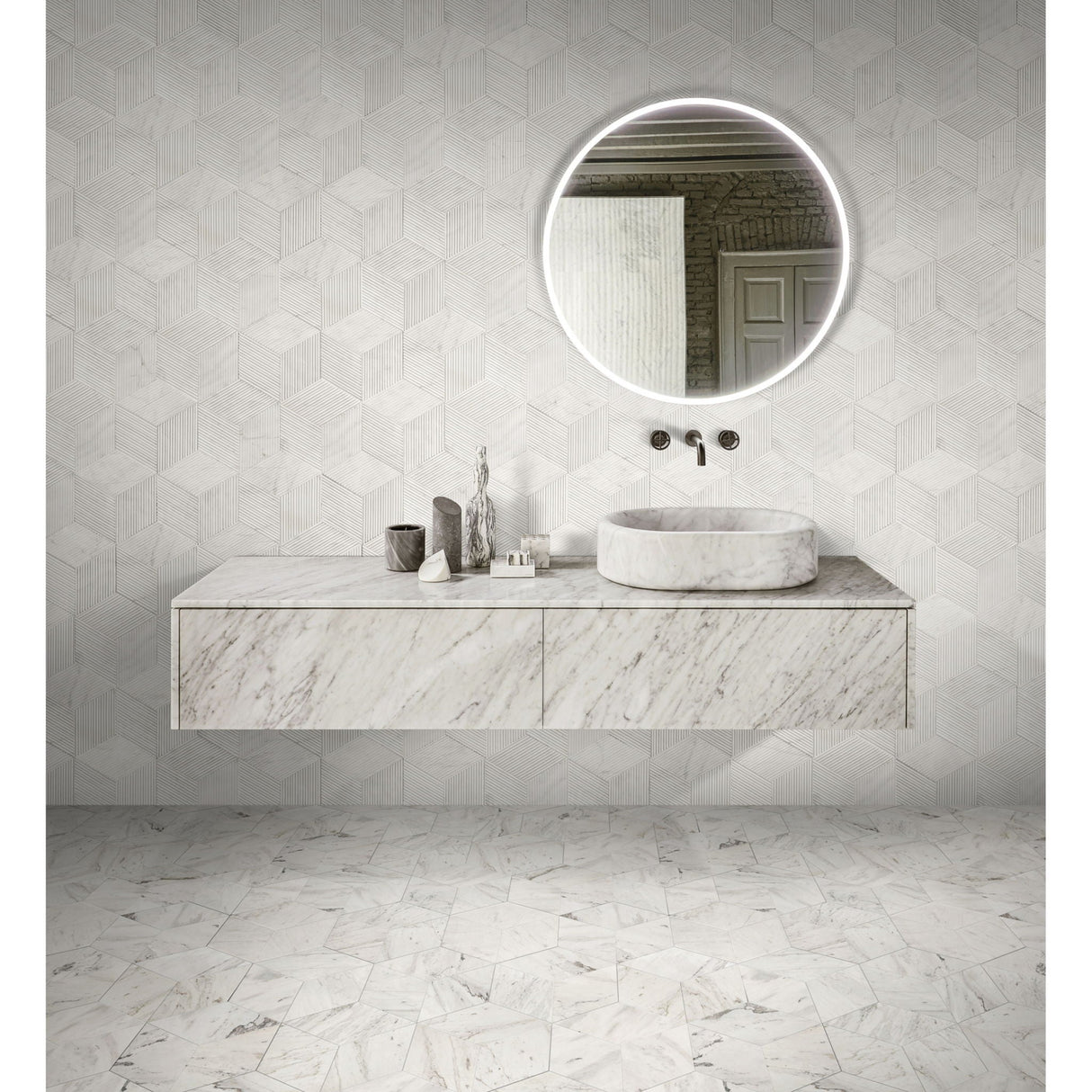 Hexagon Natural Stone Marble Tile, 3D Fluted (Set of 12)