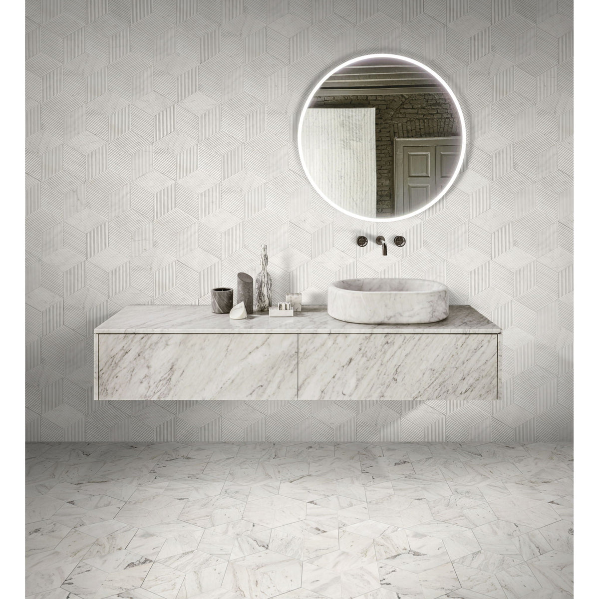 Hexagon Natural Stone Marble Tile, 3D Fluted (Set of 12)