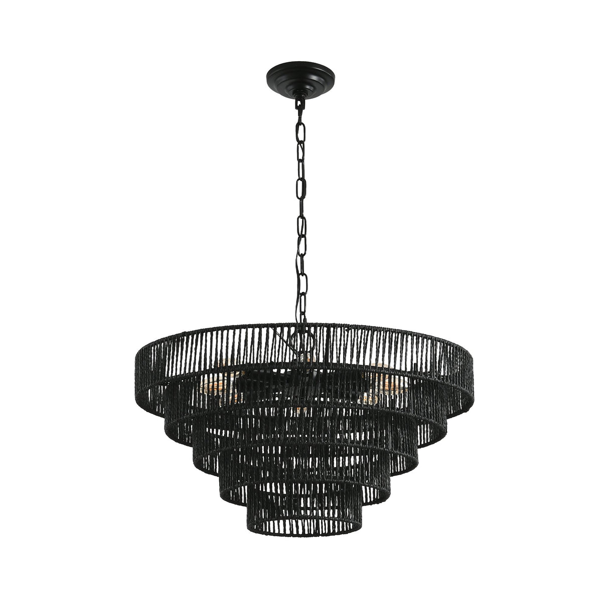 24' Rustic 5-Tier Black Hemp Rope Pendant Light Chandelier