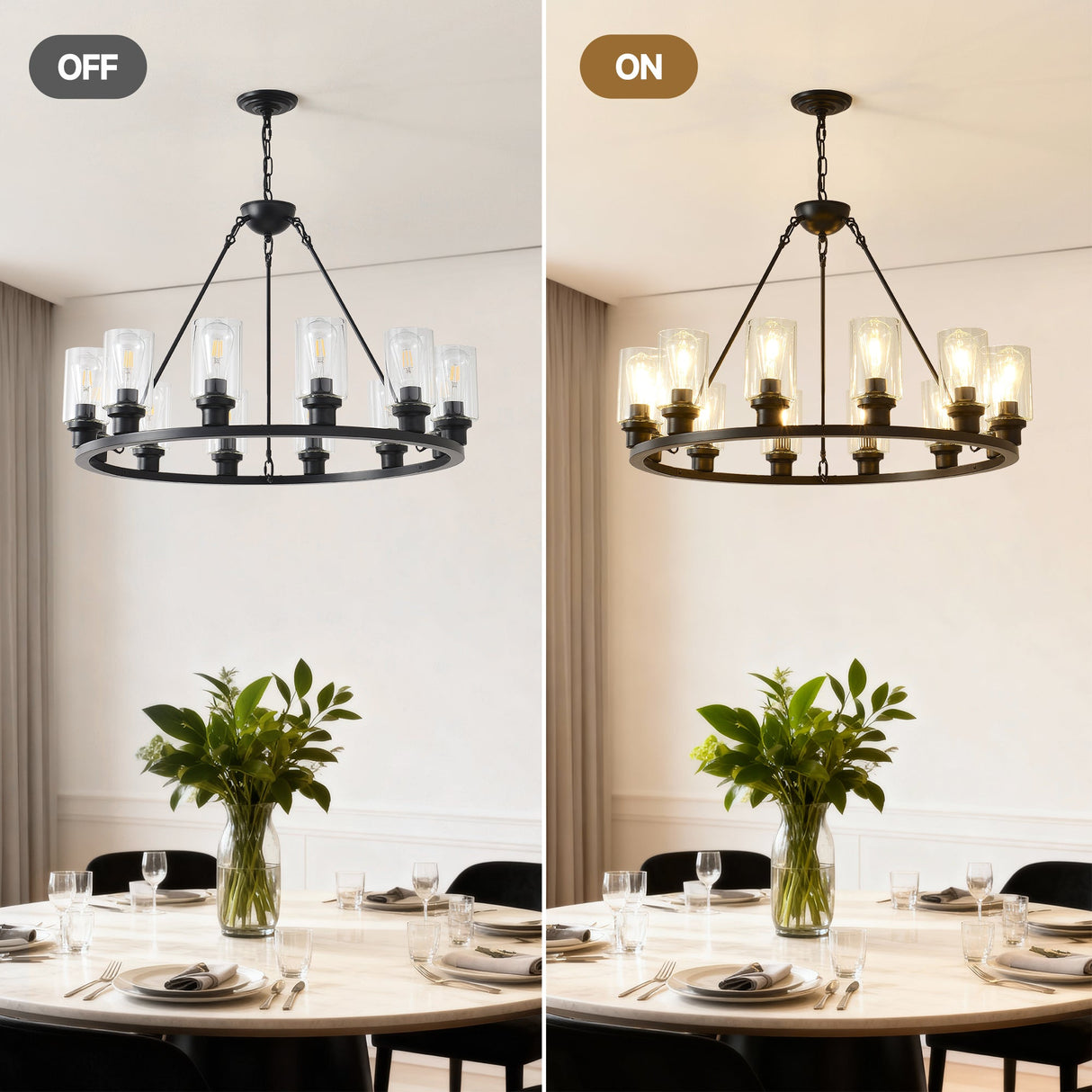 Black Wagon Wheel Chandelier 31.5 Inch Modern Farmhouse Glass Pendant Light 12-Light Ceiling Hanging Lighting Fixtures for Living Room Dining Room Kitchen Island Foyer--NO INCLUDED BULBS