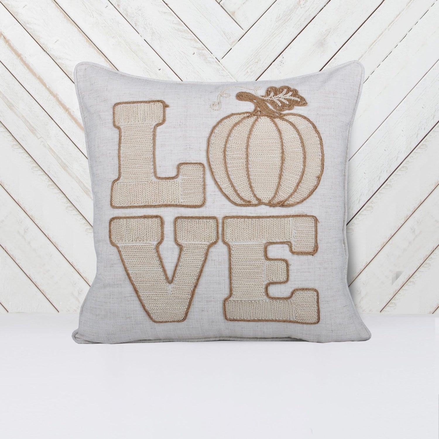 Embroidered Pumpkin “LOVE” Accent Pillow – Rustic Beige Fall Decor