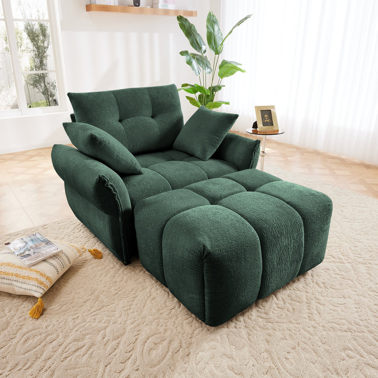 Ergonomic Single Seater Sofa with Ottoman in High-Green Chenille