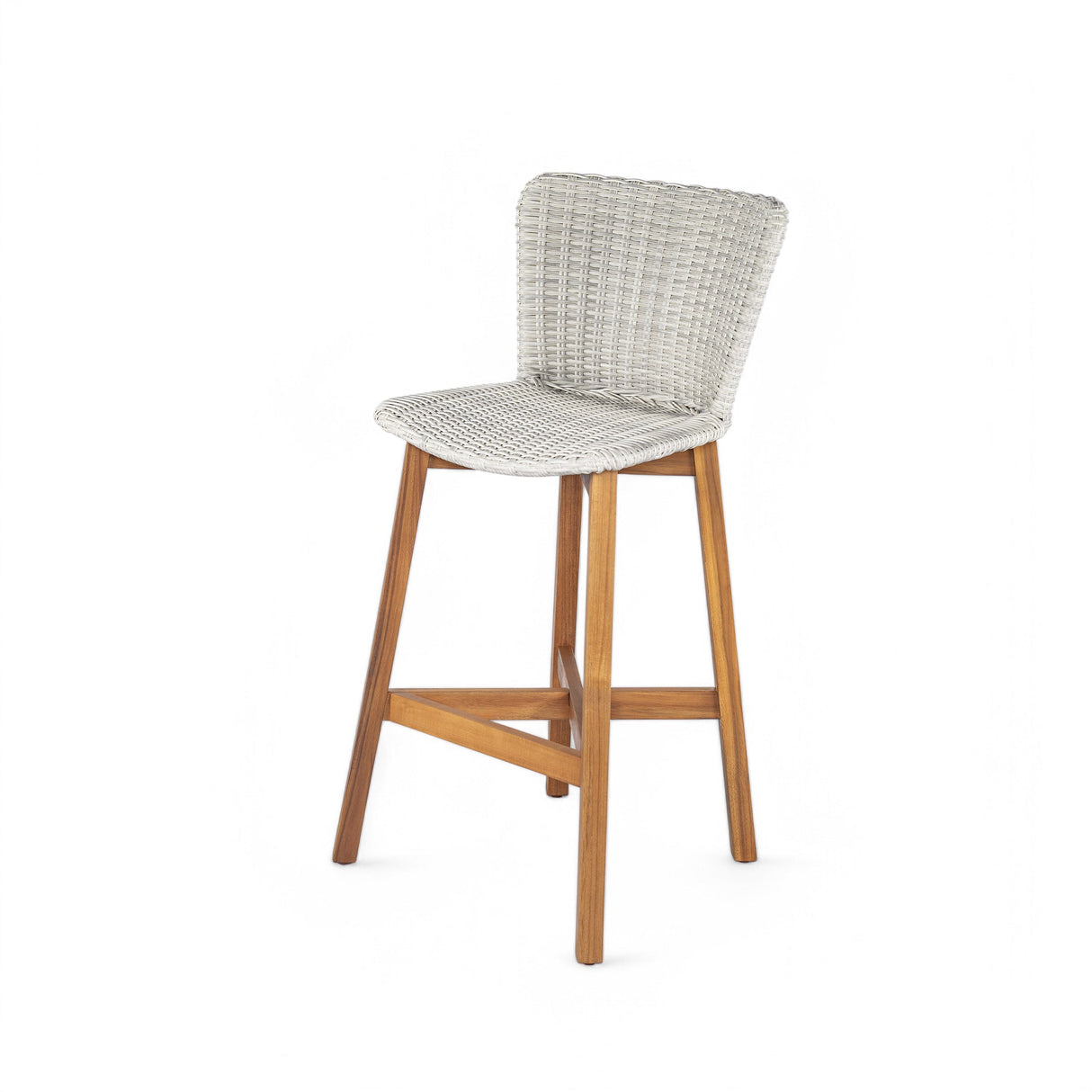 Lymington Outdoor Bar Stool Set of 2, Teak Finished Wood with Light Grey Wicker
