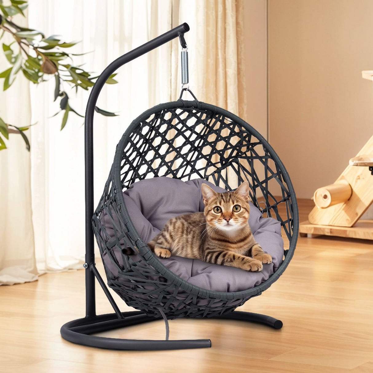 Cat-Swing-Bed-with-Stand-&-Cushion,-Cat-Egg-Chair-with-Rattan-Wicker-Pet-Bed