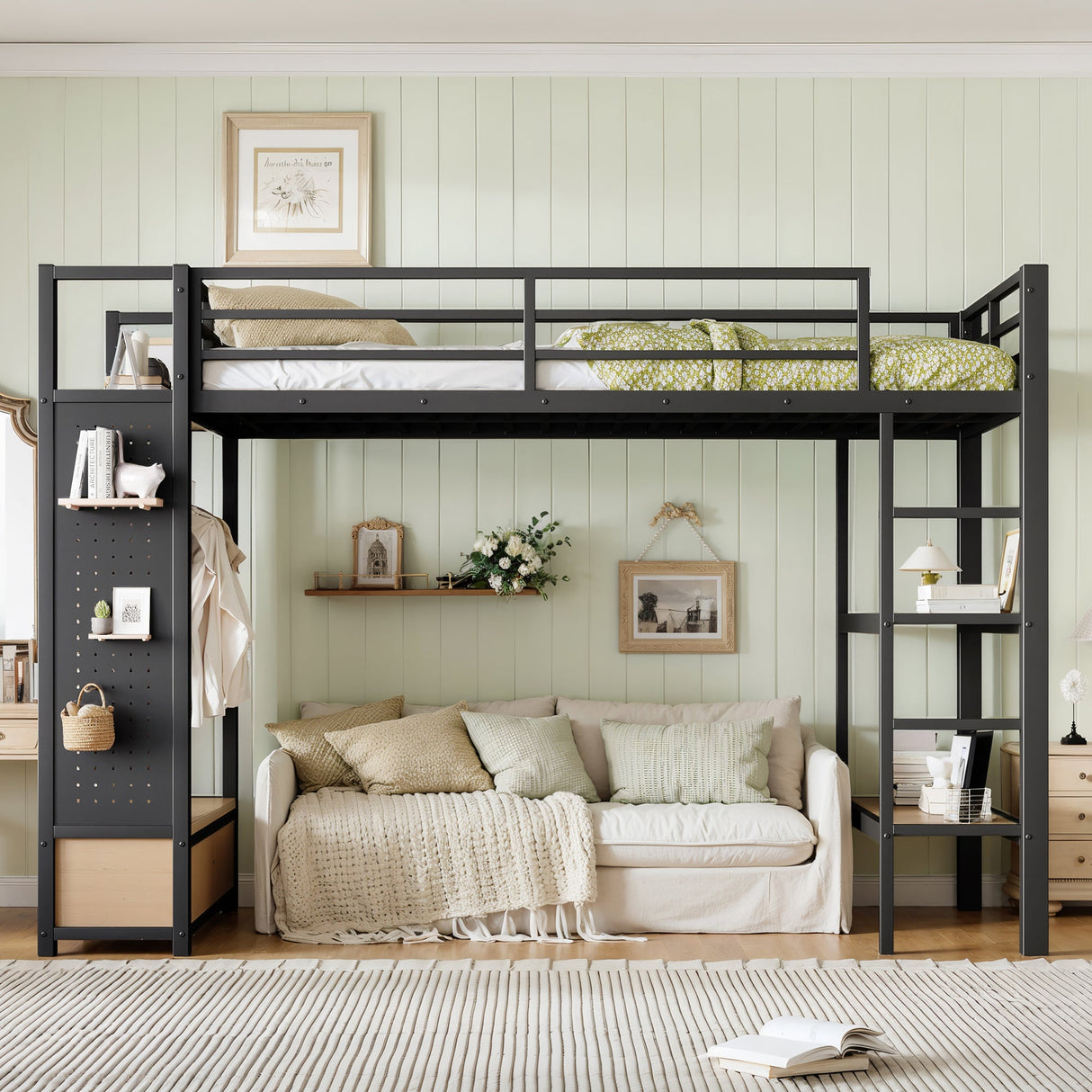 Twin XL Size Loft Bed Frame with Wardrobe and Shelves