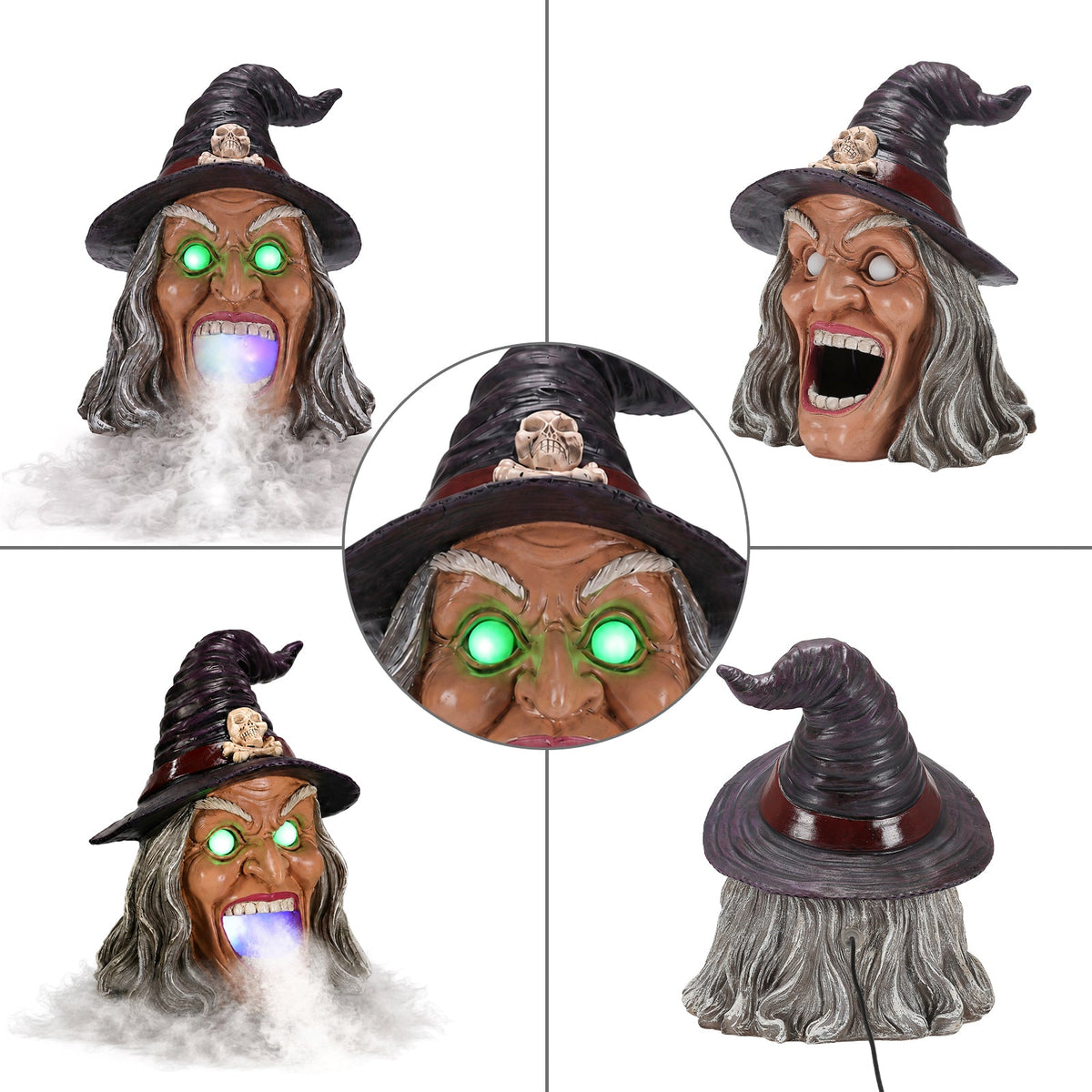 Halloween Witch Head Decor with LED Light and Mist Effect