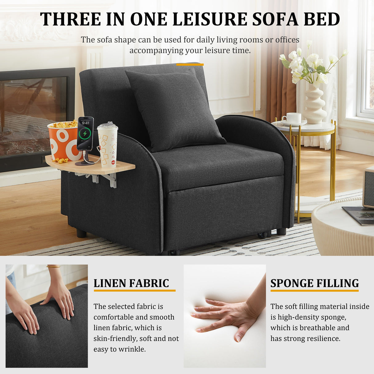 3-in-1 Convertible Sofa Chair Bed
