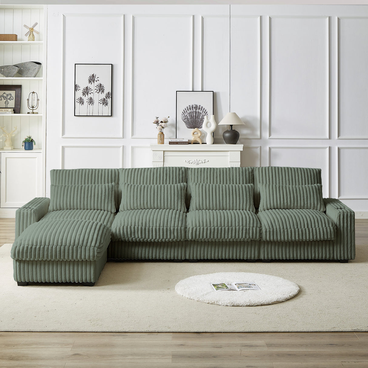 126-Inch Corduroy With Cup Holder Super Large L-Shaped Sofa