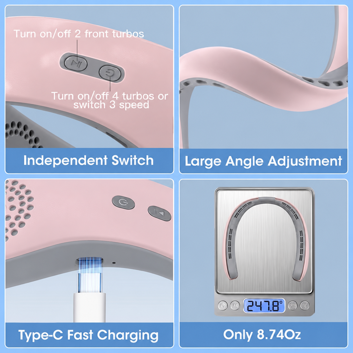 4000mAh 4 Tubors Portable Rechargeable Neck Fan 360° Bladeless with 3 Speeds