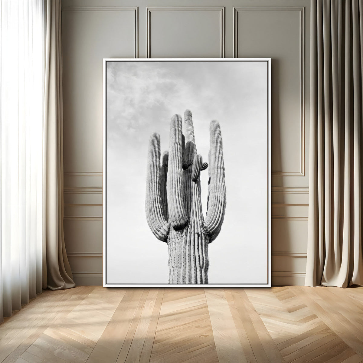Saguaro Cactus Wall Art – Black and White Desert Canvas