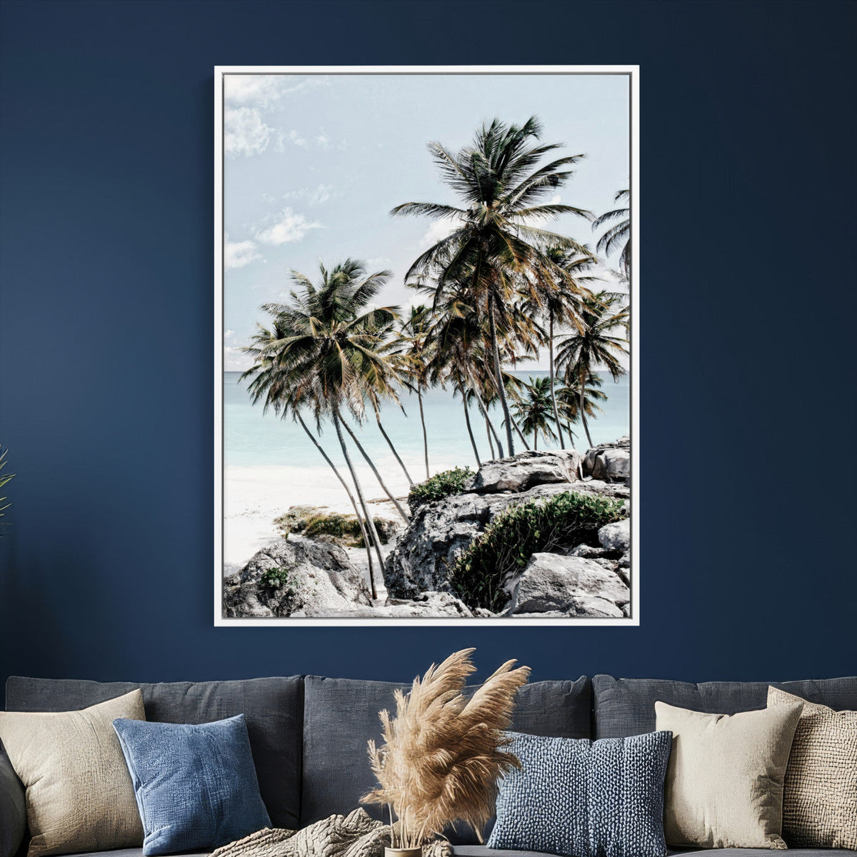 Tropical Trees Beach Wall Art Canvas Print, Coastal Ocean