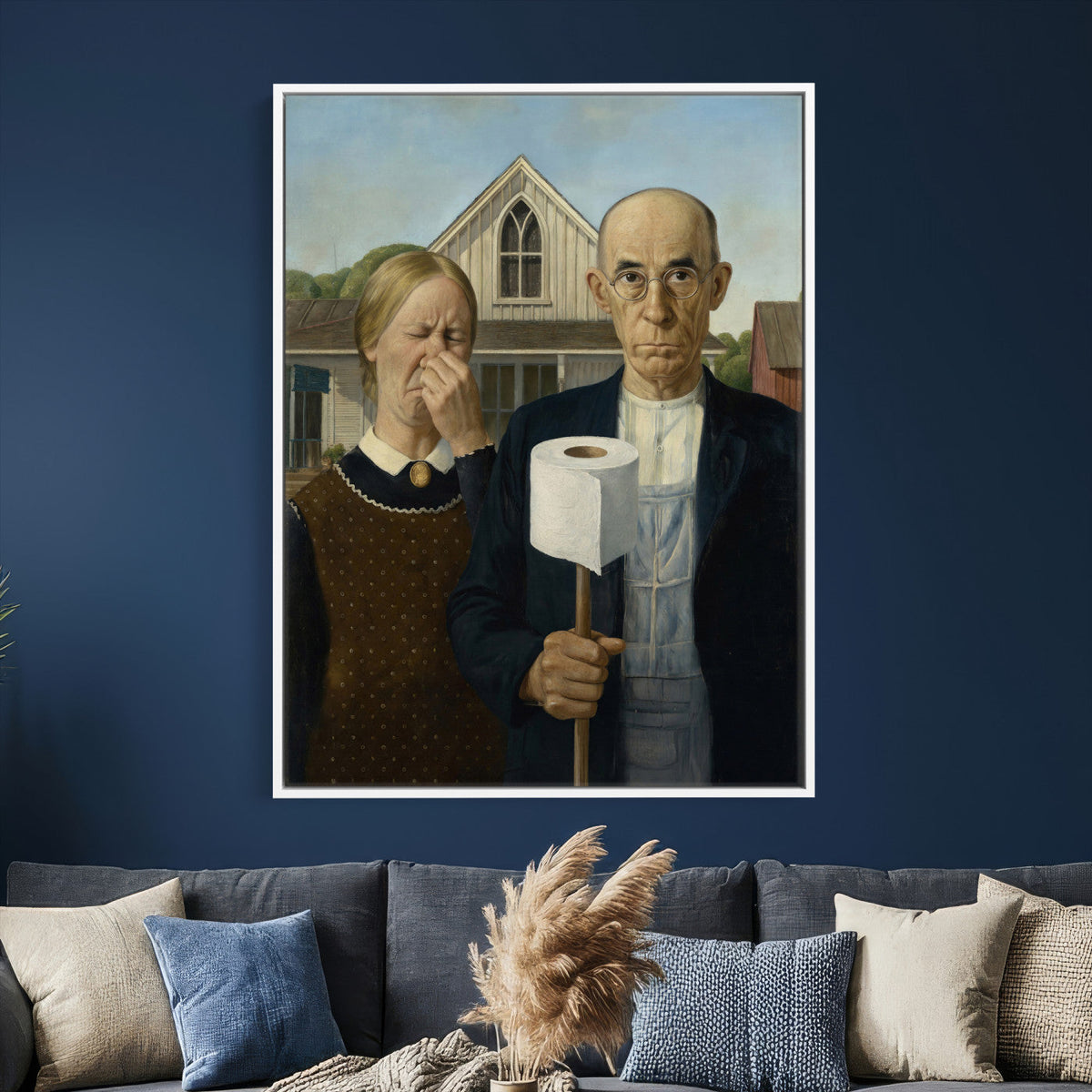 Funny Bathroom Canvas Wall Art, Grant Wood American Gothic