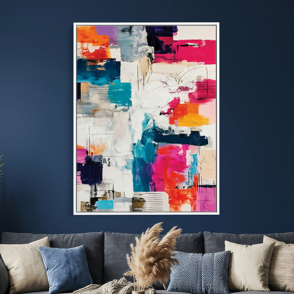Blue Teal Abstract Canvas Wall Art, Modern Textured Painting Print, Navy Orange White Contemporary Art, Neutral Living Room Decor, Office Art