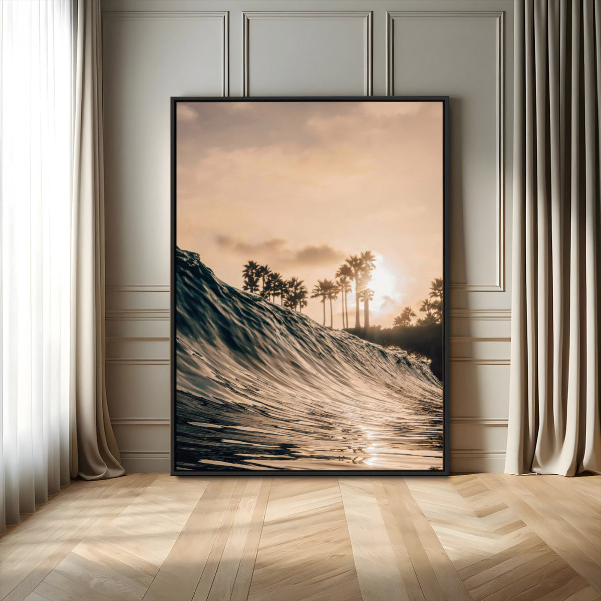 Golden Hour Ocean Wave Wall Art Canvas Print – Framed