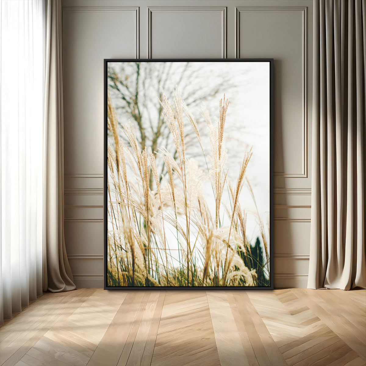 Pampas Grass Wall Art Canvas Print – Framed Neutral Tones