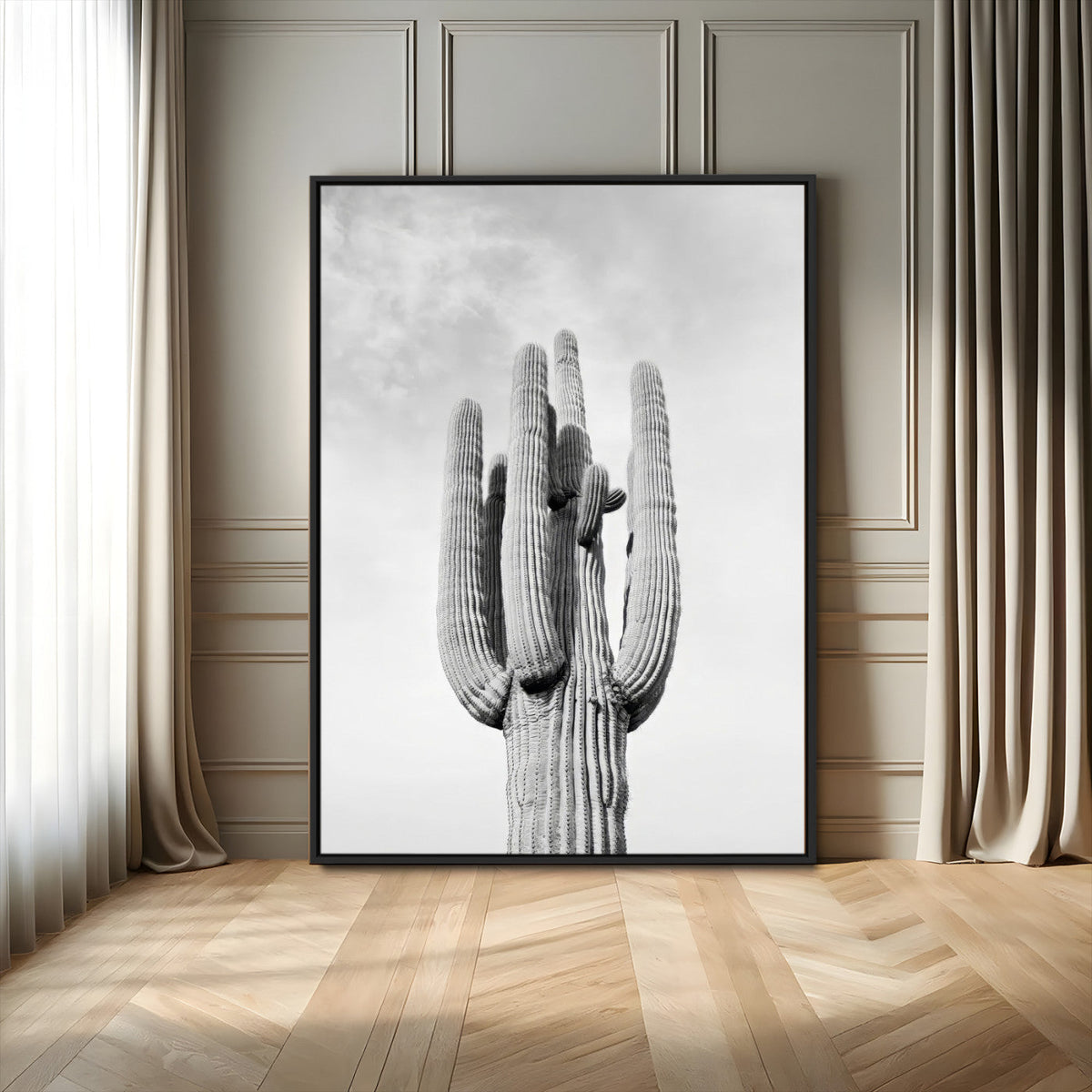 Saguaro Cactus Wall Art – Black and White Desert Canvas
