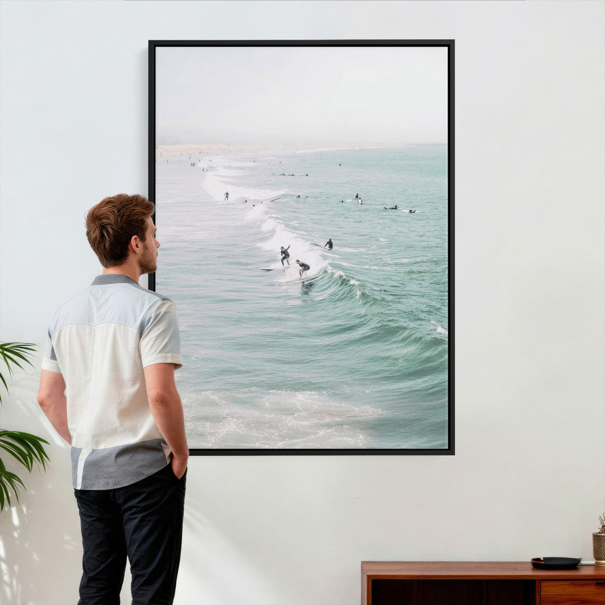 Surfers on Waves Canvas Wall Art, Aerial Ocean Photography