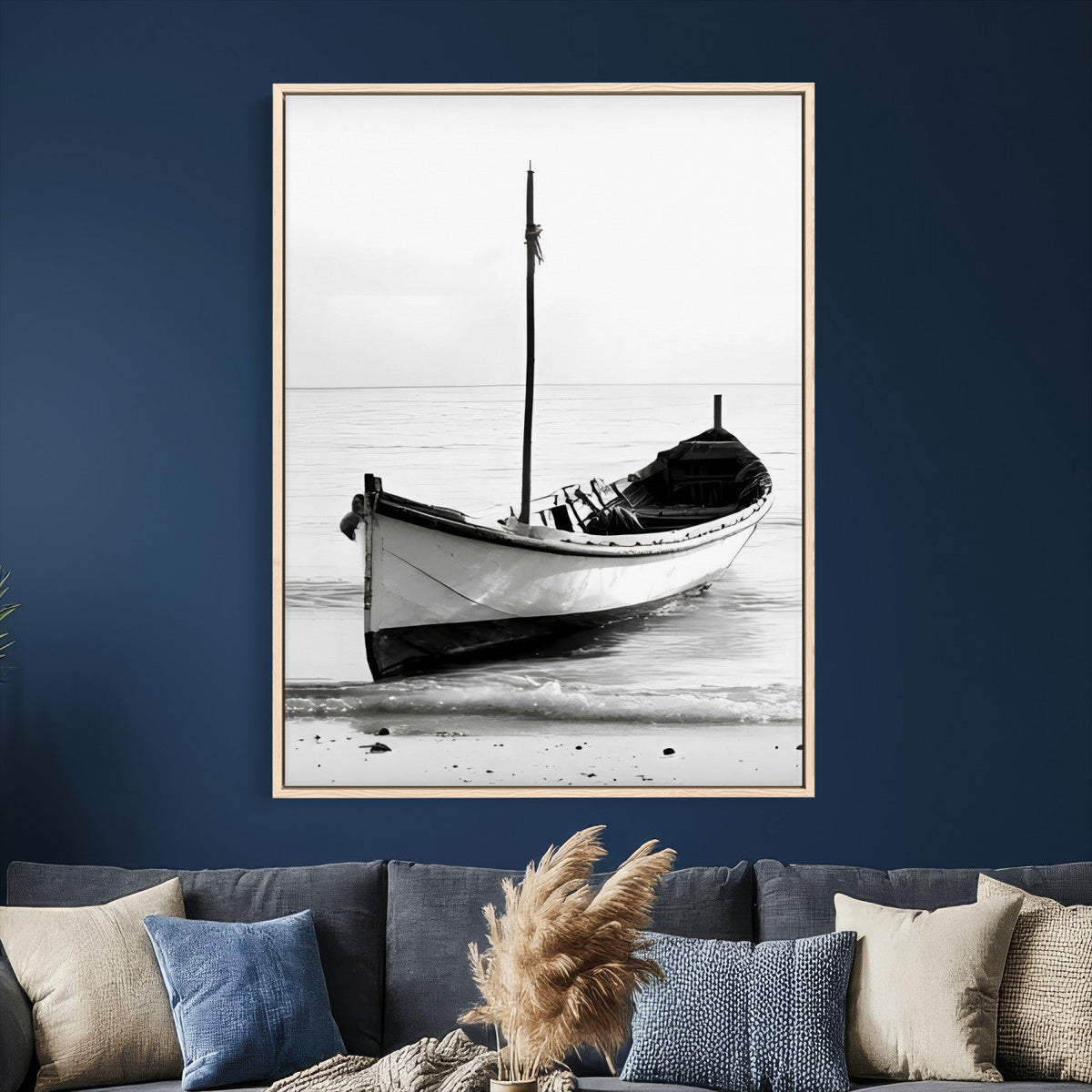 Minimal Boat Wall Art Canvas Print – Black and White Coastal