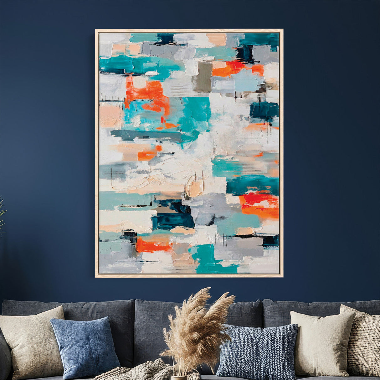 Blue Teal Abstract Canvas Wall Art, Modern Textured Painting Print, Navy Orange White Contemporary Art, Neutral Living Room Decor, Office Art