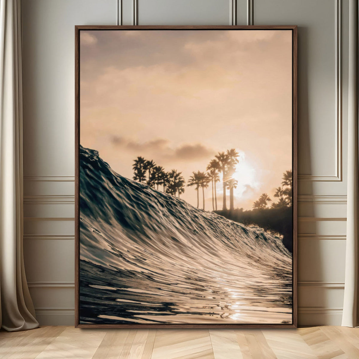 Sunset Wave Ocean Wall Art – Framed Palm Tree Canvas
