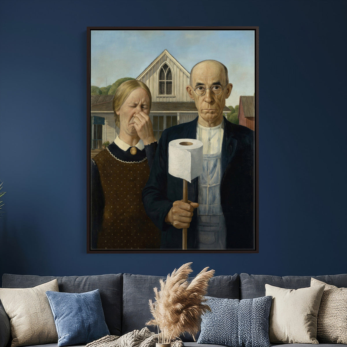 Funny Bathroom Canvas Wall Art, Grant Wood American Gothic